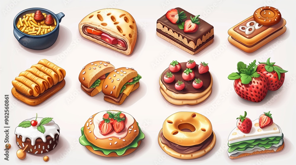 3D Isometric Cartoon Food Set Isolated on White Background 3D Isometric Cartoon Food Set Isolated on White Background