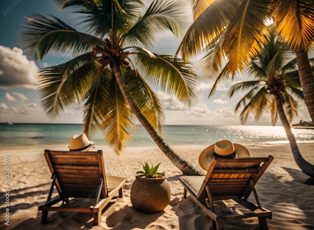 Obraz premium Ready for a Summer vacation. Summer vacation at a tropical beach with palm trees