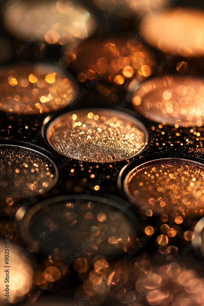 macro texture of open palette of eye shadow is decorated with glitter and sparkles, close-up. In an elegant box for make up in autumn shades macro texture of open palette of eye shadow is decorated with glitter and sparkles, close-up. In an elegant box for make up in autumn shades