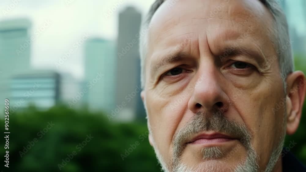 Against a backdrop of towering skyscrapers a middleaged mans single person closeup portrait is taken in a small oasis of greenery and calm within the bustling city. Against a backdrop of towering skyscrapers a middleaged mans single person closeup portrait is taken in a small oasis of greenery and calm within the bustling city.