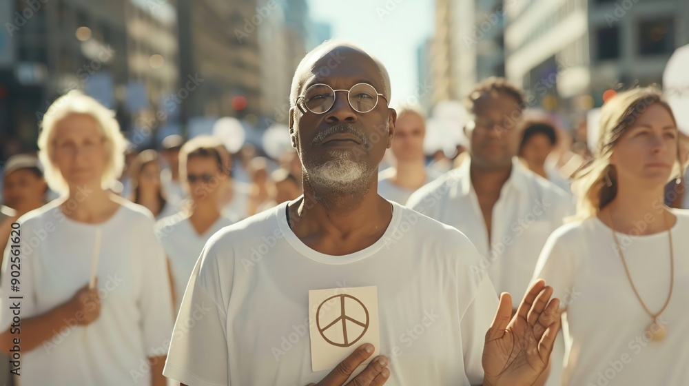 A peaceful demonstration with people wearing white and holding signs for peace, more clarity with clear light and sharp focus, high detailed A peaceful demonstration with people wearing white and holding signs for peace, more clarity with clear light and sharp focus, high detailed