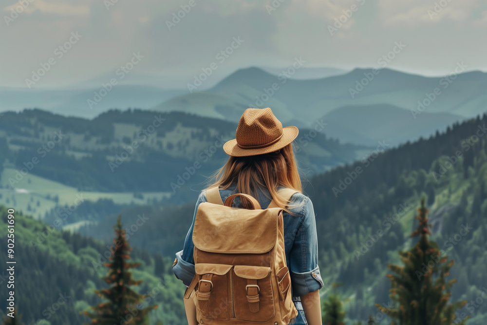 candid shot from the back of a young woman traveler in vintage style with a tourist backpack looking at the stunning view of the mountains and forest. travel and hiking concept. copy space.
candid shot from the back of a young woman traveler in vintage style with a tourist backpack looking at the stunning view of the mountains and forest. travel and hiking concept. copy space.
