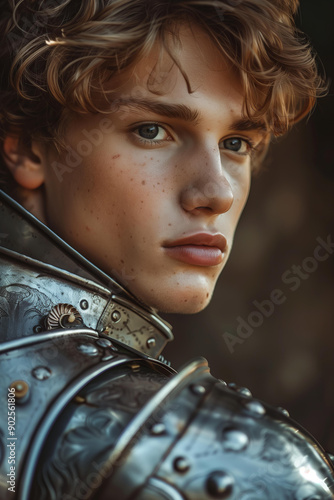 romantic hero - a beautiful young male knight in silver armor