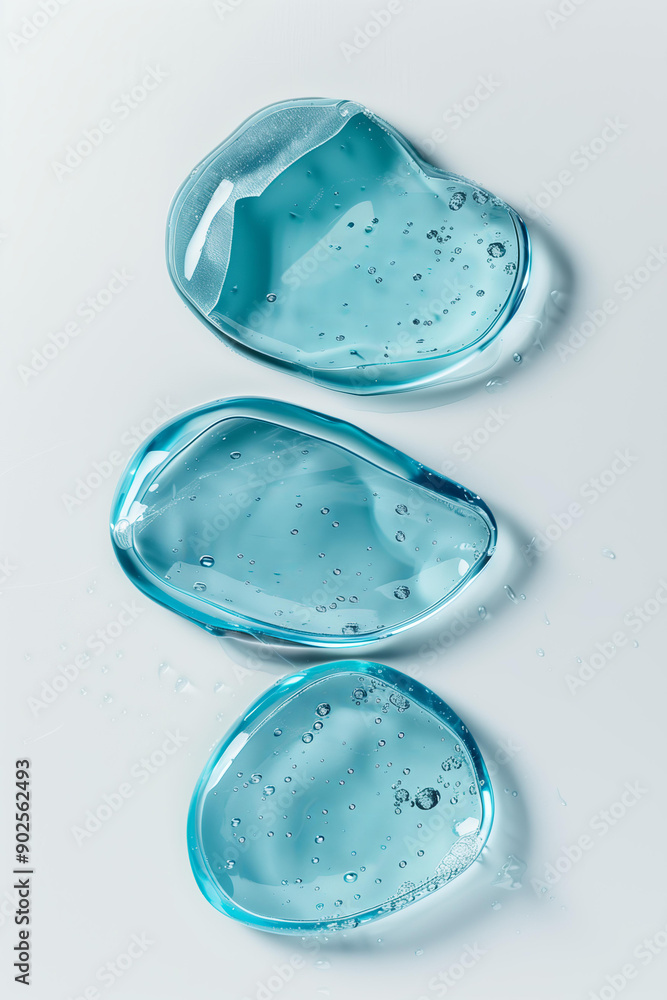 Water gel texture, light blue color, white background, flat lay, top view Water gel texture, light blue color, white background, flat lay, top view