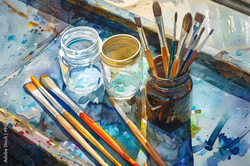 Fototapeta premium Close-up shot of paint brushes and a jar of paint on a table