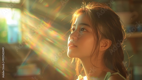 A stunning woman gazes thoughtfully as sunlight filters through