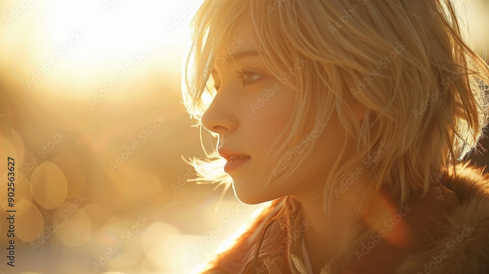 A graceful woman enjoys the warm glow of a sunset, radiating beauty and tranquility A graceful woman enjoys the warm glow of a sunset, radiating beauty and tranquility