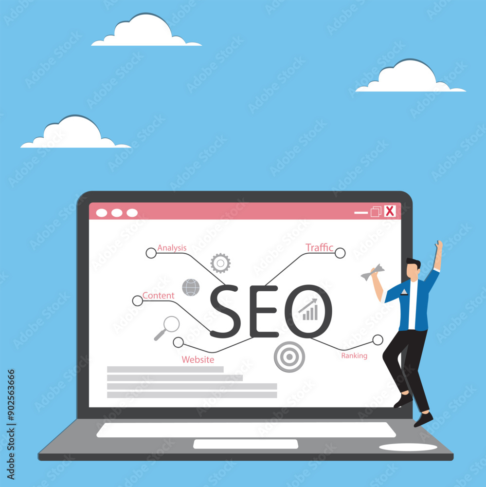 SEO ranking search engine optimization to improve search result position to be on top and make more traffic to websites concept businessman marketing team move website ranking on search result pag SEO ranking search engine optimization to improve search result position to be on top and make more traffic to websites concept businessman marketing team move website ranking on search result pag