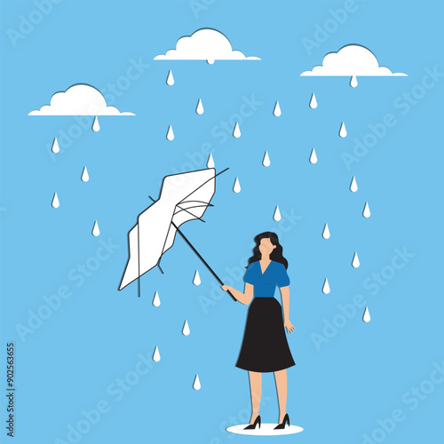 Useless or meaningless effort disappointment mistake or difficulty trouble or struggle mistake or bad decision concept frustrated wet businesswoman with broken useless umbrella in the rain