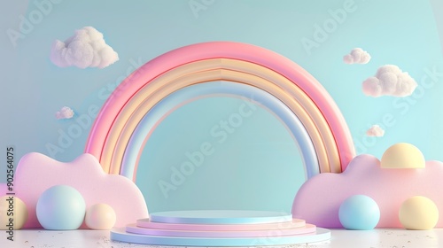 A pastel background with a podium and a rainbow arch and clouds.