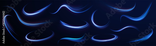 Blue wave curved lines for presentations, illustration of articles and publications on technological trends and innovations, covers of technological magazines. Light arc in blue colors.