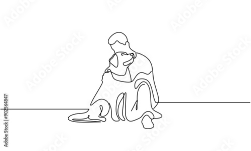 continuous line drawing of happy pet lover with dog vector illustration	 photo