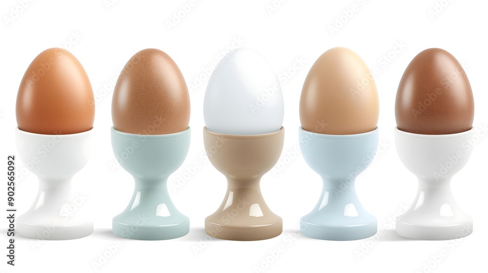 Set of eggs in egg cups, isolated n white background, collage graphics. Easter. Set of eggs in egg cups, isolated n white background, collage graphics. Easter.
