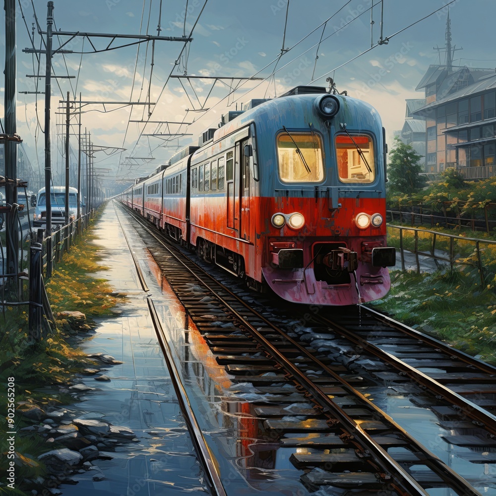 Fototapeta premium A vintage red and white train passes through a small town on a rainy day. The platform is wet, and there is a reflection of the train in the puddles, capturing the nostalgia of train travel.