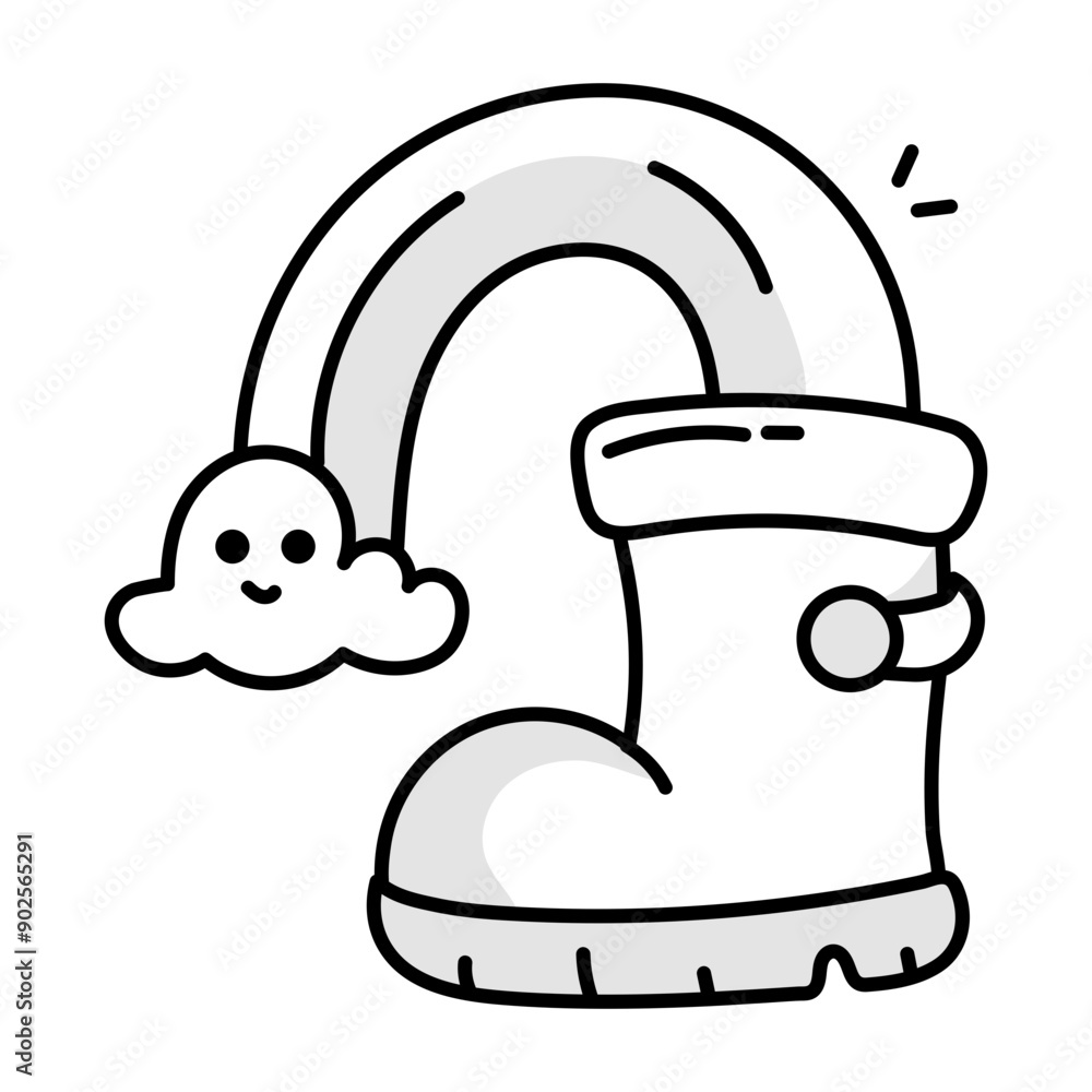 A doodle icon of rain boot with cloud rainbow
A doodle icon of rain boot with cloud rainbow