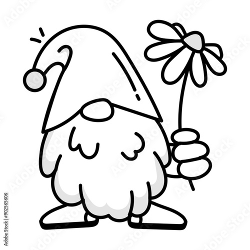 A doodle icon of garden gnome holding flower 

