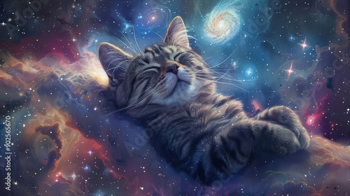 A Tabby Cat Sleeping Amidst a Cosmic Nebula photo