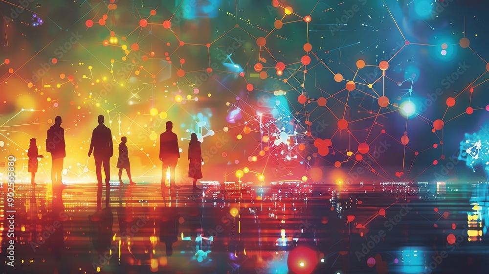 Obraz premium A colorful depiction of a global network of scientists collaborating through digital platforms