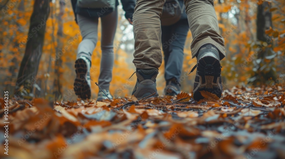 Group of tourists walks along the path of the autumn forest. Feet close-up. Traveling in a small group Group of tourists walks along the path of the autumn forest. Feet close-up. Traveling in a small group
