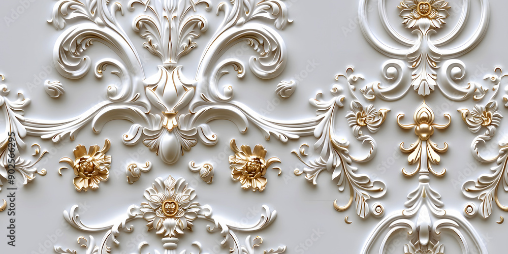 Seamless 3D elements of White and Golden luxury design Baroque Classical Relief Panel on Wall. Refined Gothic-inspired Stucco Molding With Floral Motifs. A Marble Carving in Late Ottoman Style. Seamless 3D elements of White and Golden luxury design Baroque Classical Relief Panel on Wall. Refined Gothic-inspired Stucco Molding With Floral Motifs. A Marble Carving in Late Ottoman Style.