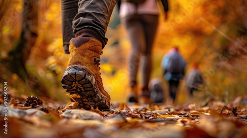 Group of tourists walks along the path of the autumn forest. Feet close-up. Traveling in a small group