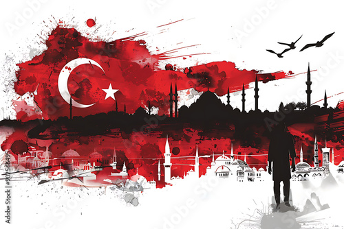 watercolor flag of turkey ,Turkey raised fist with powder explosion, power, protest concept