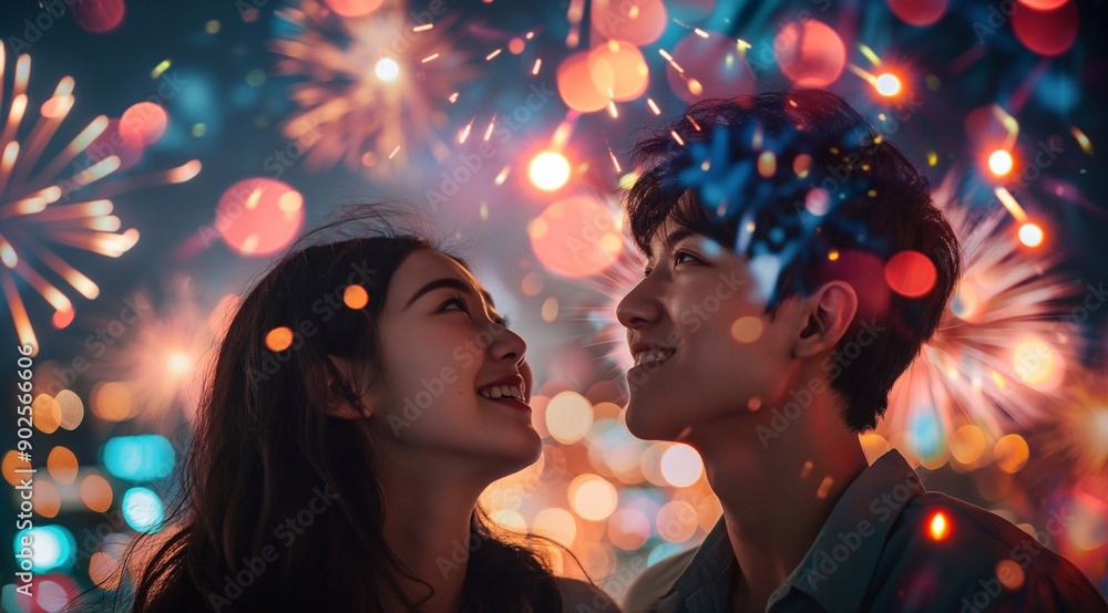 Young korean couple looking up at fireworks, summer, providing copy space for text. Young korean couple looking up at fireworks, summer, providing copy space for text.