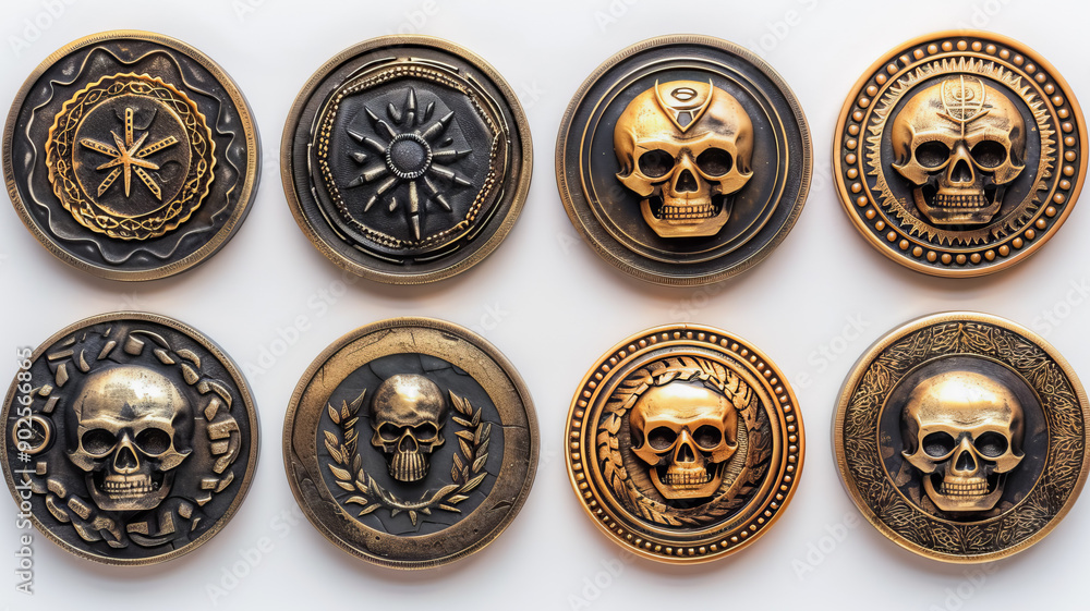 Set of Gold Coins with Monster and Skull Designs Set of Gold Coins with Monster and Skull Designs