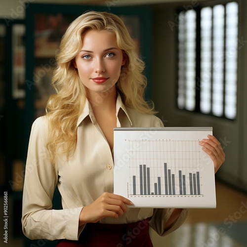 Portrait of her she nice-looking attractive lovely gorgeous experienced cheerful wavy-haired lady holding in hands showing paper document statistic photo