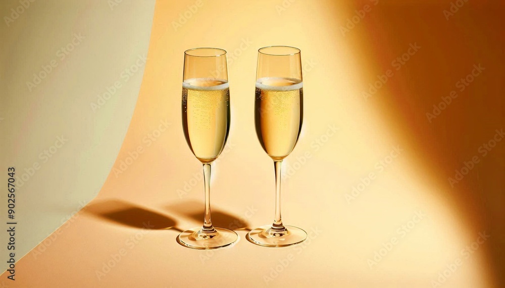 Two champagne glasses filled with a bubbly liquid, set against a warm, gradient background. Two champagne glasses filled with a bubbly liquid, set against a warm, gradient background.