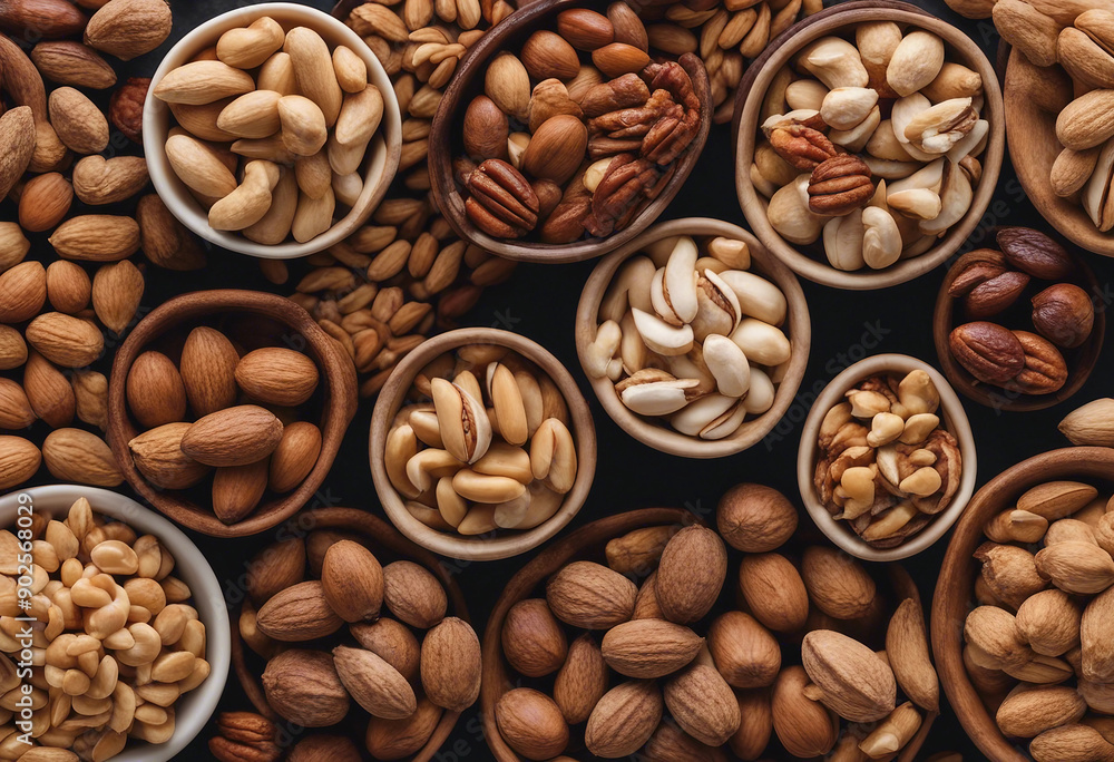 Top view different kinds of nuts in bowl peanuts pistachio walnuts pecan almond set isolated on tran Top view different kinds of nuts in bowl peanuts pistachio walnuts pecan almond set isolated on tran
