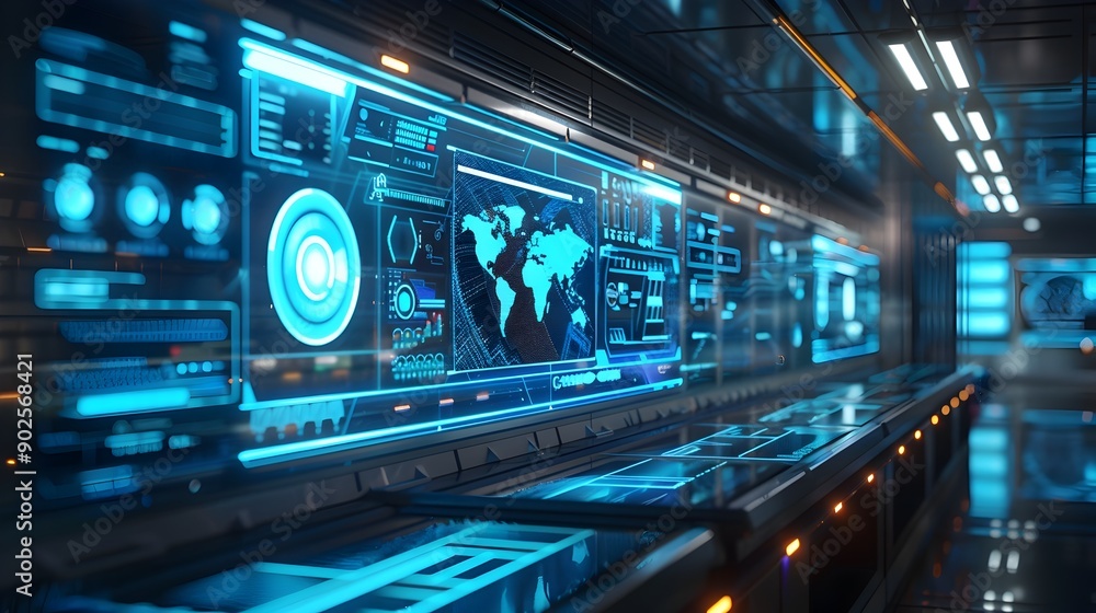 Fototapeta premium Futuristic Workspace with Holographic Screens and Advanced Technology Depicting the Future of Work