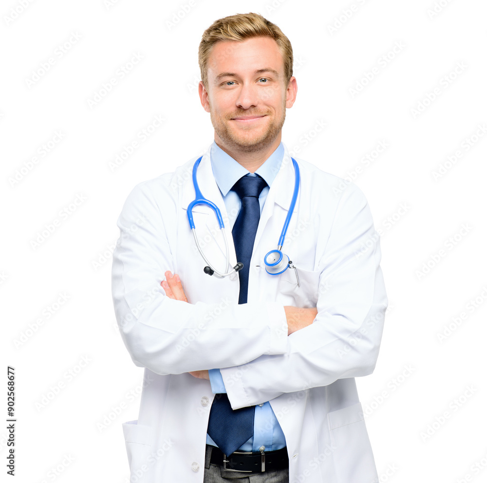 Portrait, man or doctor in studio with smile for healthcare, support and confidence in hospital care. Health, pride and happy medical professional in clinic with arms crossed on white background Portrait, man or doctor in studio with smile for healthcare, support and confidence in hospital care. Health, pride and happy medical professional in clinic with arms crossed on white background