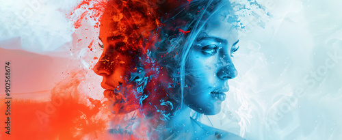 A dual-toned double exposure image capturing a girl's paradoxical nature: one side serene in cool blue, the other fierce in fiery red. photo