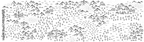 Medieval map horizontal format. Middle Ages kingdom map. Hand drawn vector on a white background.