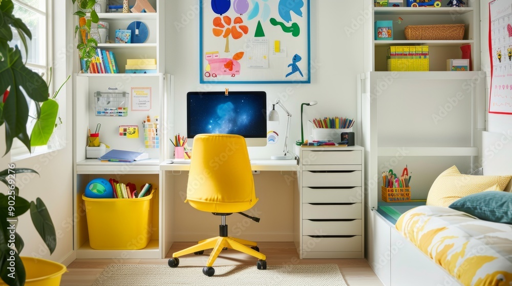 Fototapeta premium A child's homework desk in a brightly lit bedroom, featuring colorful stationery, educational posters, and a small computer. 