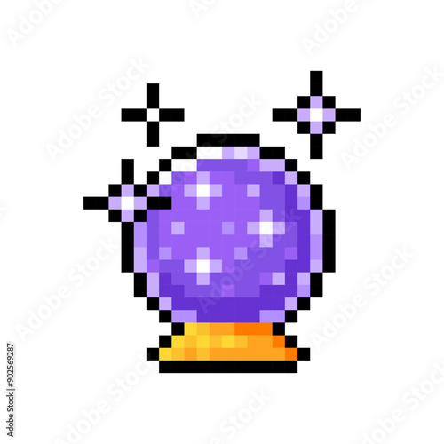 Magic crystal ball isolated on transparent background. Purple fortune teller globe icon. Halloween decoration. Vector pixel art illustration in 16 bit old style.