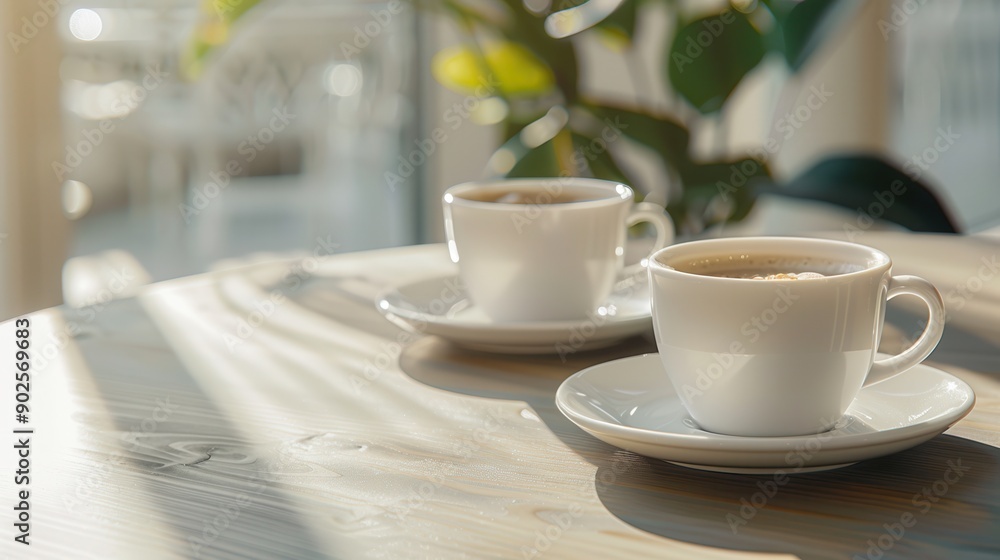 Two elegant coffee cups on a wooden table, basking in warm sunlight, creating a cozy and inviting atmosphere. Two elegant coffee cups on a wooden table, basking in warm sunlight, creating a cozy and inviting atmosphere.