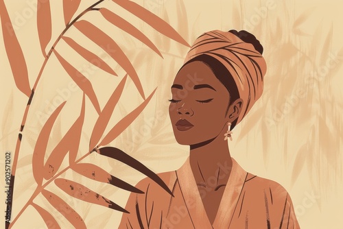 Chinese minimalism illustration, portrait of a dark-skinned woman with straight, chestnut brown hair styled in a sleek low bun with a silk headwrap, wearing a boho tunic, flat illustration 