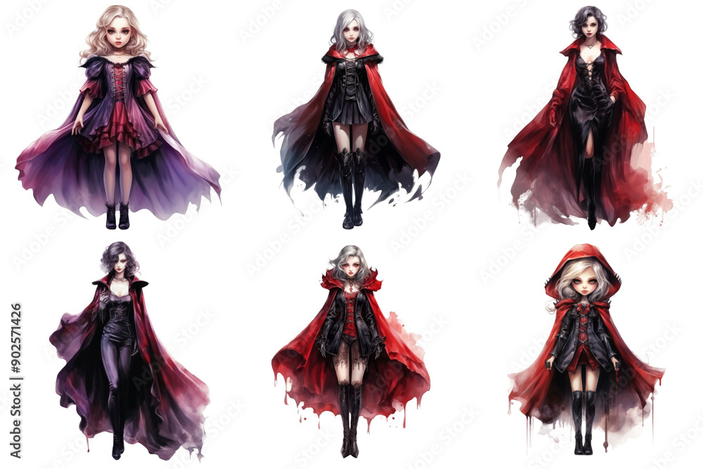 Fototapeta premium Six Anime Girls in Red Capes and Dresses