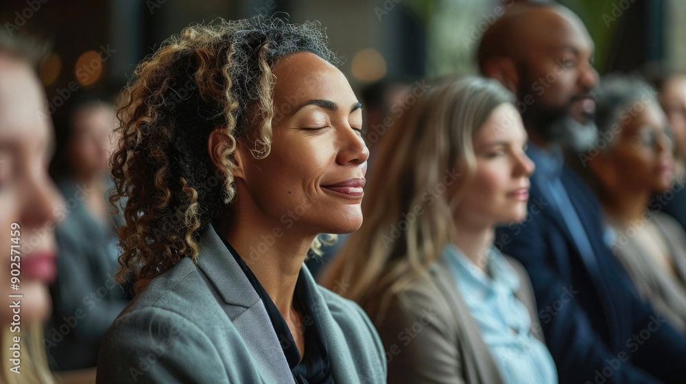 People in business attire sitting attentively in a conference, some with eyes closed, focused on a speaker or presentation. People in business attire sitting attentively in a conference, some with eyes closed, focused on a speaker or presentation.