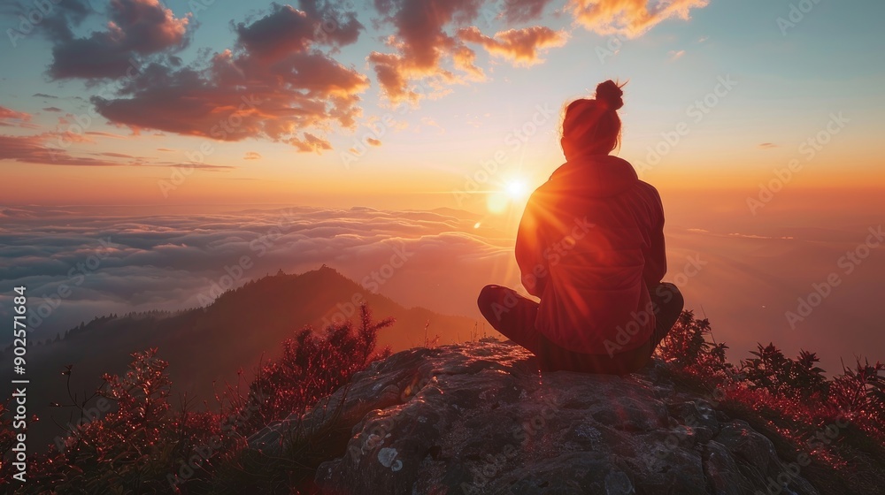 Person sitting on a mountaintop during sunrise, enjoying a peaceful and serene moment with a stunning view of the landscape below. Person sitting on a mountaintop during sunrise, enjoying a peaceful and serene moment with a stunning view of the landscape below.