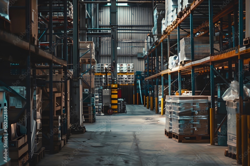 A vast warehouse filled with shelves and pallets of goods and materials. A vast warehouse filled with shelves and pallets of goods and materials.