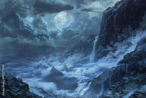 Mystical landscape with waterfalls and a distant planet