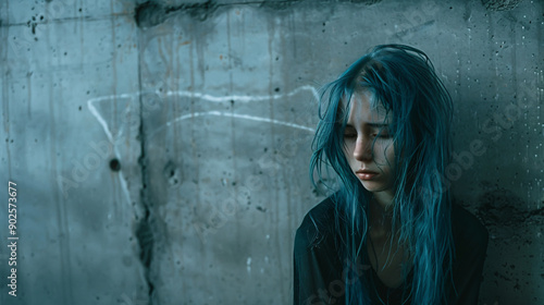 A girl with long blue hair standing against a concrete wall, expressing sadness and depression.