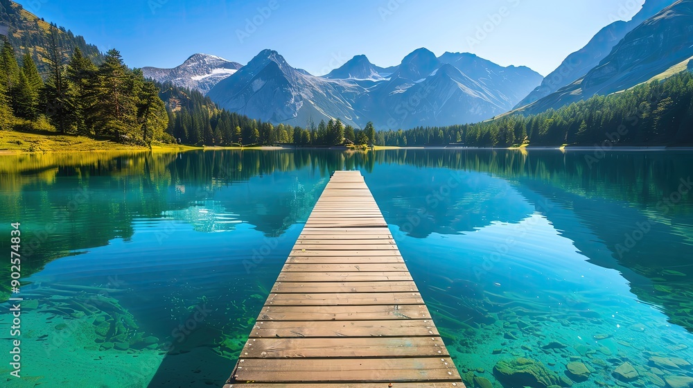 Serene lake view with a wooden pier surrounded by majestic mountains and lush green trees, perfect for nature enthusiasts. Serene lake view with a wooden pier surrounded by majestic mountains and lush green trees, perfect for nature enthusiasts.