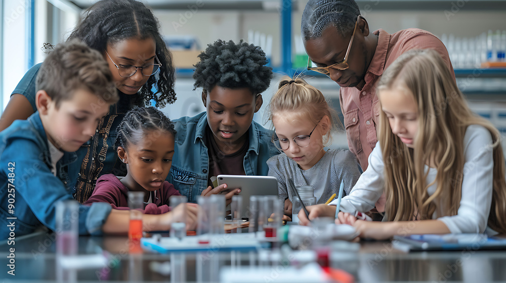 A group of diverse students and a teacher working together on a science project in a bright classroom. They are engaged in discussion, sharing ideas, and using various educational tools like A group of diverse students and a teacher working together on a science project in a bright classroom. They are engaged in discussion, sharing ideas, and using various educational tools like