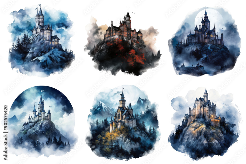 Six Watercolor Paintings of a Castle on a Mountaintop Six Watercolor Paintings of a Castle on a Mountaintop