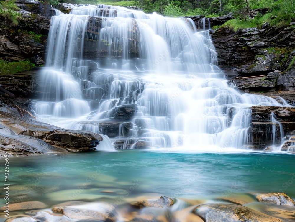 Fototapeta premium Serene waterfall cascading into a clear pool, surrounded by lush greenery, creating a tranquil natural oasis.