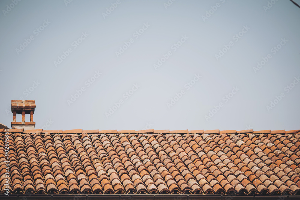 old tile roof with a chimney. countryside landscape of old brown roofs and green fields old tile roof with a chimney. countryside landscape of old brown roofs and green fields